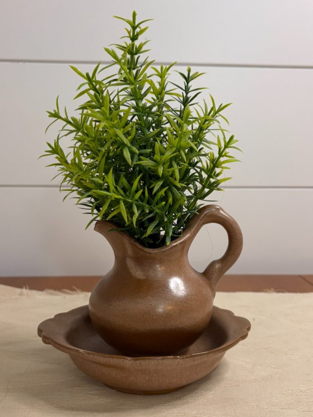 VTG Frankoma Pottery Prairie Brown Satin Mini Pitcher and Scalloped Basin 40B